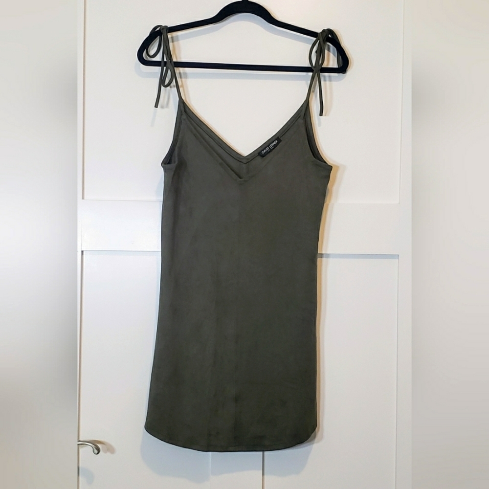 David Lerner Micro Suede Slip Dress Olive Green Size Small Shoulder Ties